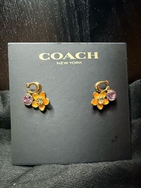COACH Gold Floral Earrings with yellow and purple Crystals